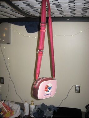 Coach Pink and Burgundy Crossbody Camera Bag with Logo